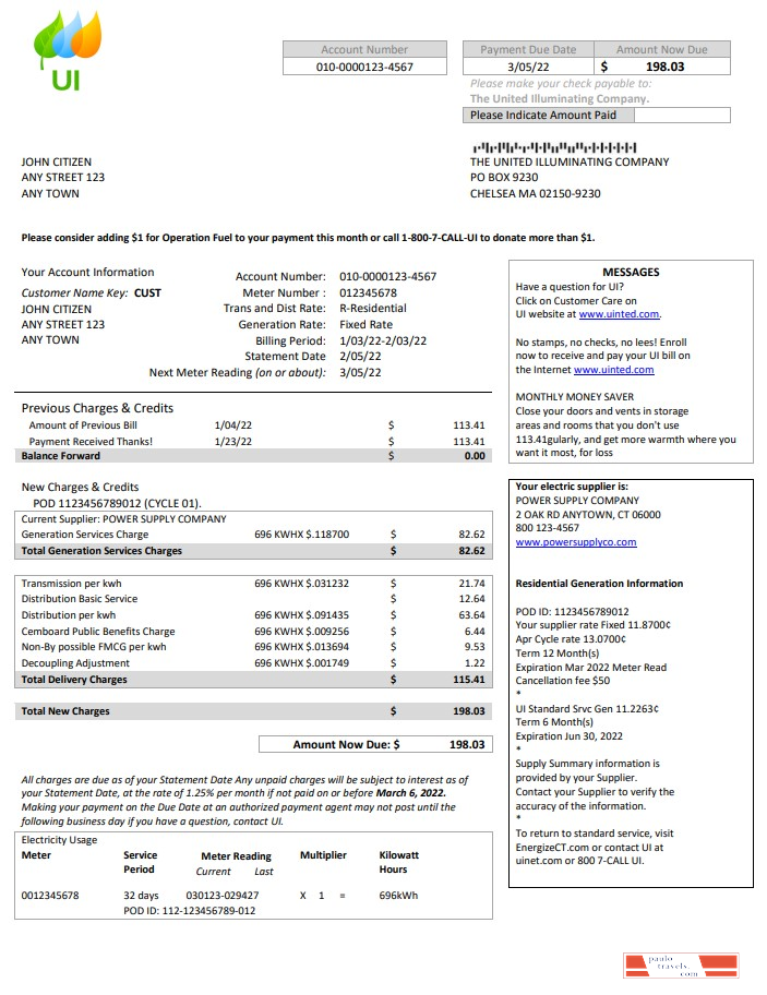 USA Massachusetts Chelsea UI The United Illuminating Company utility bill Word and PDF template